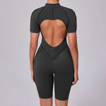 Summer Zipper Short Sleeve Yoga Jumpsuit Women Outerwear Sports Fitness Hip-lifting Backless One-piece Workout Gym Tracksutis