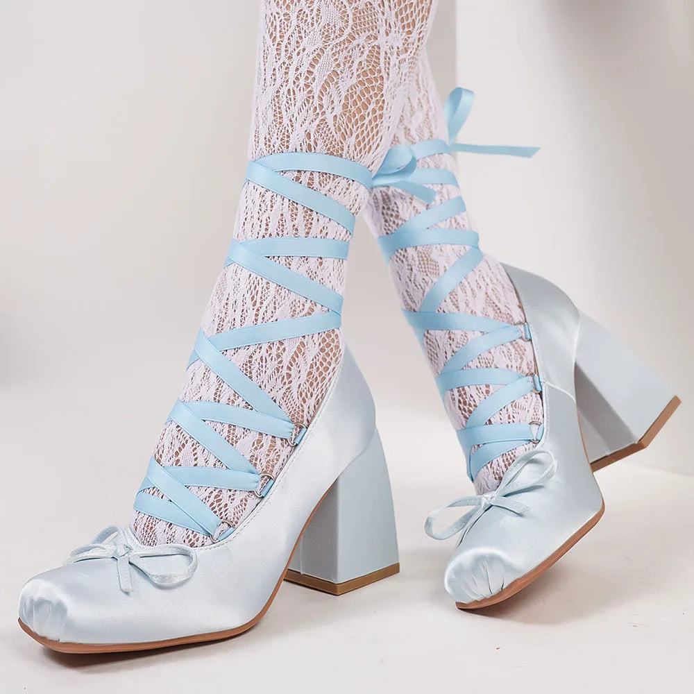 Big Size 43 Sweet Purple Mary Janes Pumps Ribbon Tied Satin 9cm Block High Heels Ballet Shoes Women White Party Wedding Shoes