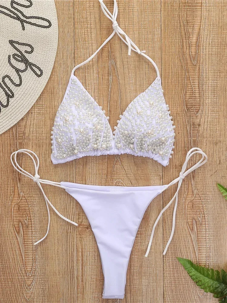 S - XL Halter Luxury Pearls Bikini Women Swimsuit Female Swimwear Two-pieces Bikini Set Mini Micro Bather Bathing Suit Swim Lady
