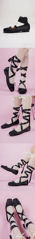 Balletcore Style Satin Lace-Up Flats for Women Black Ballerina Bow Detail Square Toe Ankle Wrap Ribbon Ballet Coquette Shoes
