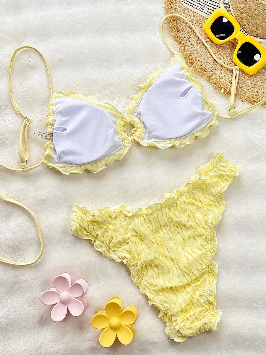 2026 Wrinkled Ruffled Halter Bikini Female Swimsuit Women Swimwear Two-pieces Bikini Set Bather Bathing Suit Swim Lady Beachwear