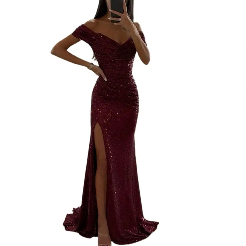 Evening Party Prom Dress Elegant V-Neck Off Shoulder Dress Sequin Pleated Short Sleeve Waist Tight Slim Sexy Split Long Dress