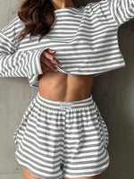 Summer Striped Pajamas Set for Women's Long Sleeve Top and Shorts 2 Piece Sleepwear Set Casual Home Wear Loungewear