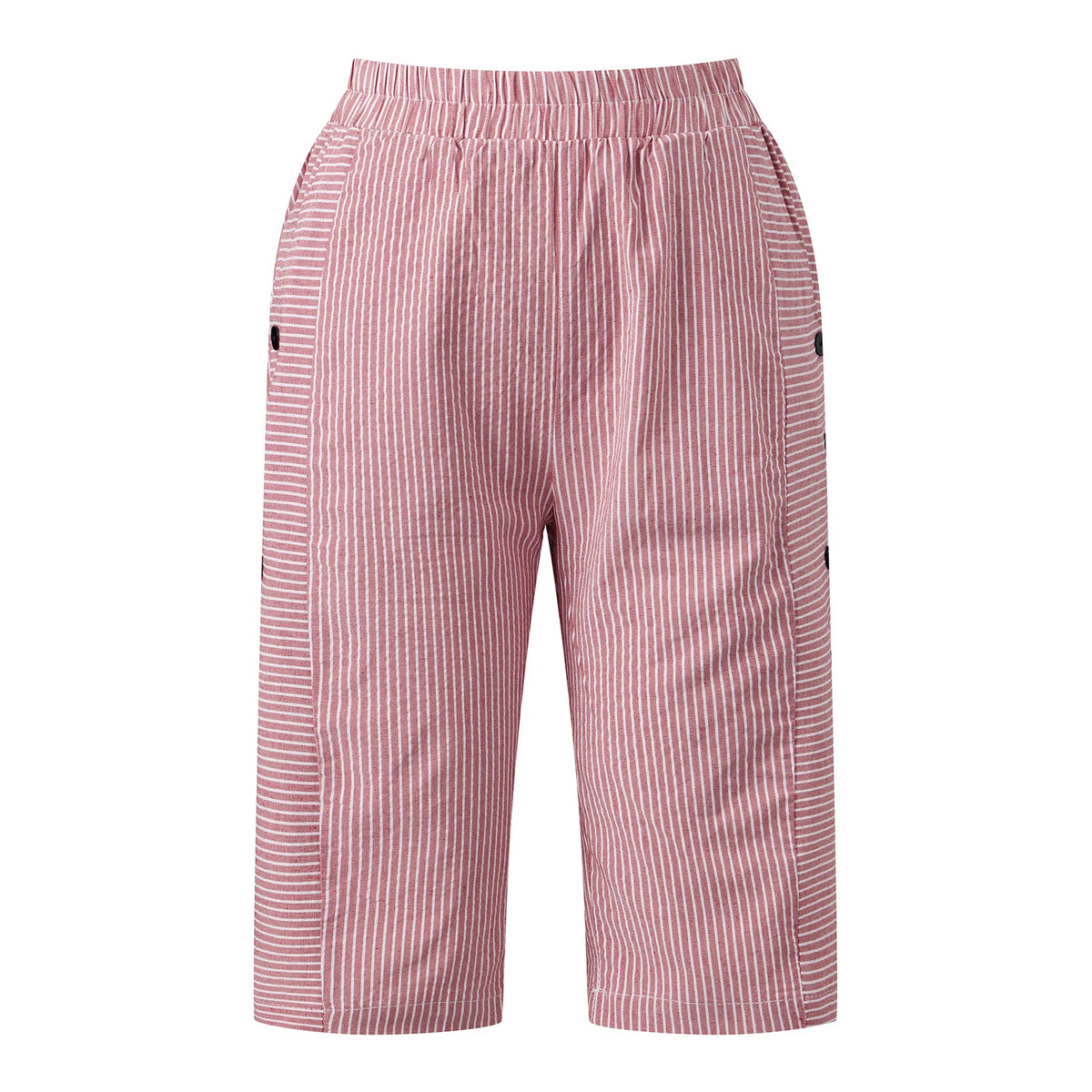 2026 Summer Women Striped Capris Casual Stylish Elastic Waist Side Button Straight-leg Pants Daily Cropped Trousers