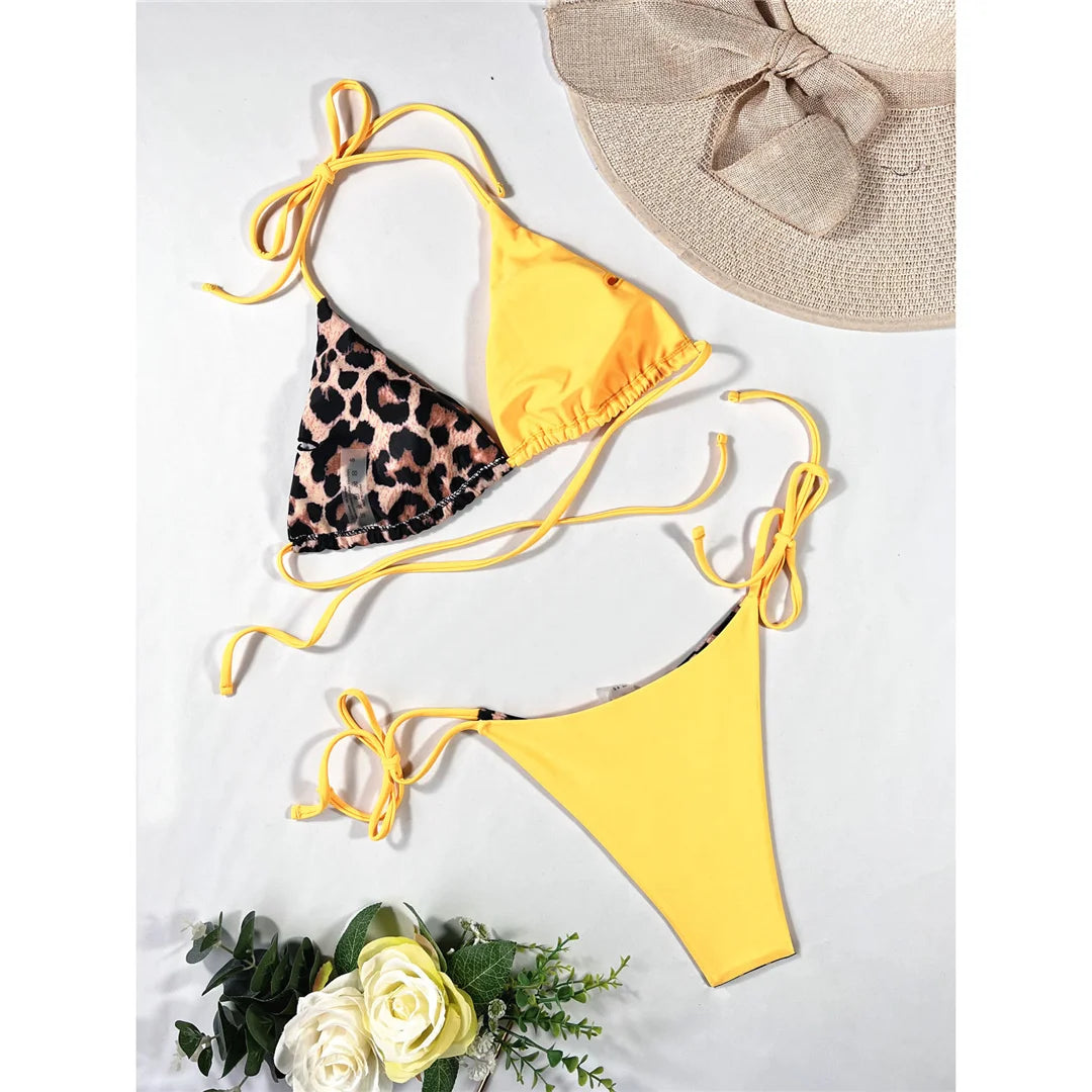XS - L 8 Color Splicing Halter Leopard Bikini Female Swimsuit Women Swimwear Two-piece Bikini set Bather Bathing Suit Swim V3736