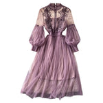 2 Pcs/Set Women Dress Suit Floral Embroidery See-through Lace Lantern Sleeves Pleated A-line Elastic Waist Dress Slip Dress Suit