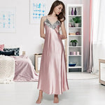 Women's Satin Lace Nightgown Spaghetti Strap Sleeveless Slip Dress Soft V Neck Maxi Sleepwear Silky Chemise Nightdress