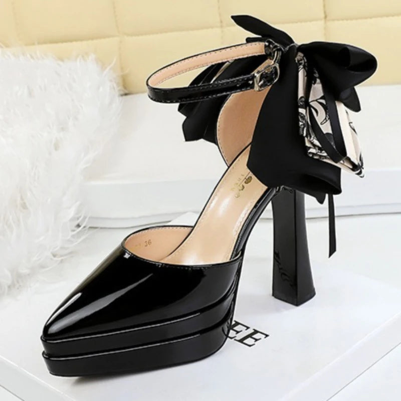 BIGTREE Pumps 2026 Summer New Hot Sale European Style Patent Leather Pointed Toe Buckle Platform High Heel Bow Shoes Women Shoes