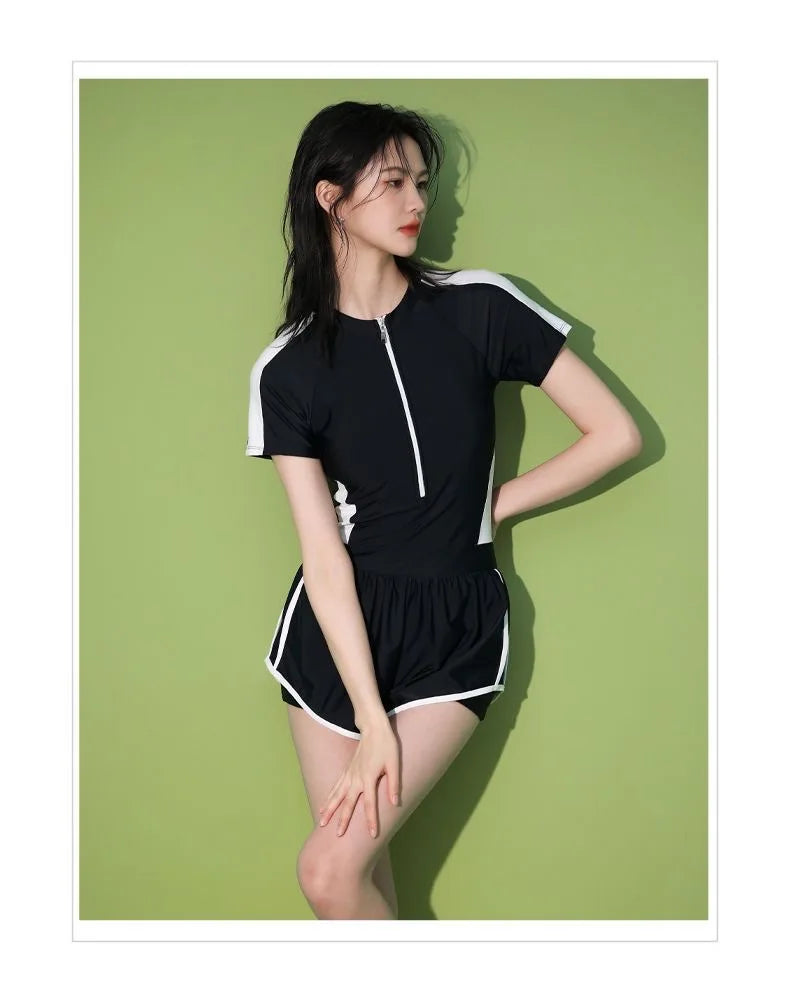 New Women's Swimsuit, One-piece Coverage Slimming EffectConservative Sports Style Hot Spring Flat Leg Pants Swimsuit Plus Size