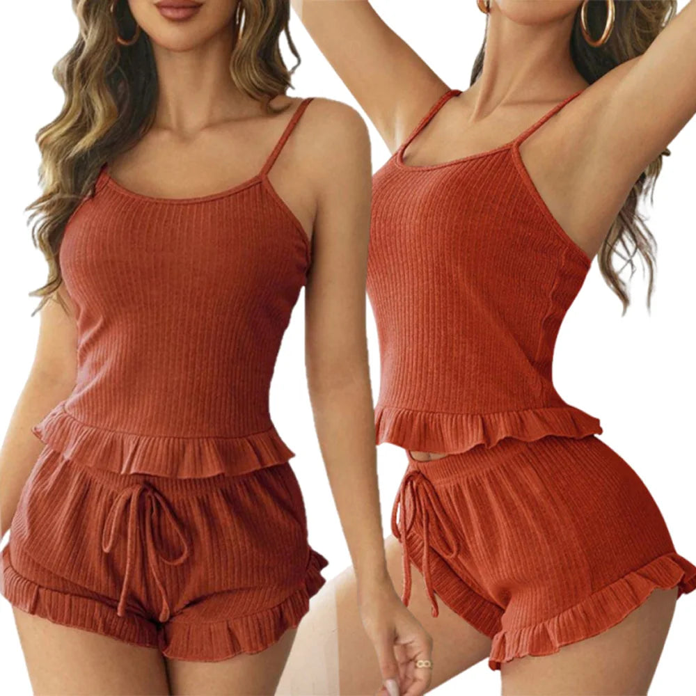New Summer Womens Ribbed Knit Pajama Set Ruffle Trim Cami Top Drawstring Shorts Loungewear Two Piece Sleepwear Sexy Homewear