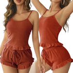 New Summer Womens Ribbed Knit Pajama Set Ruffle Trim Cami Top Drawstring Shorts Loungewear Two Piece Sleepwear Sexy Homewear