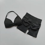 2PCS Backless Sports Bra High-Waisted Yoga Shorts Set Sexy Neck Hanging Design Abdomen Hip Lifting Fitness Outfit