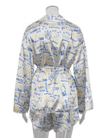 Marthaqiqi Fashion Ladies Nightgowns Suit Turn-Down Collar Robe Lace Up Pajama Long Sleeve Sleepwear Shorts Printing Nightie Set