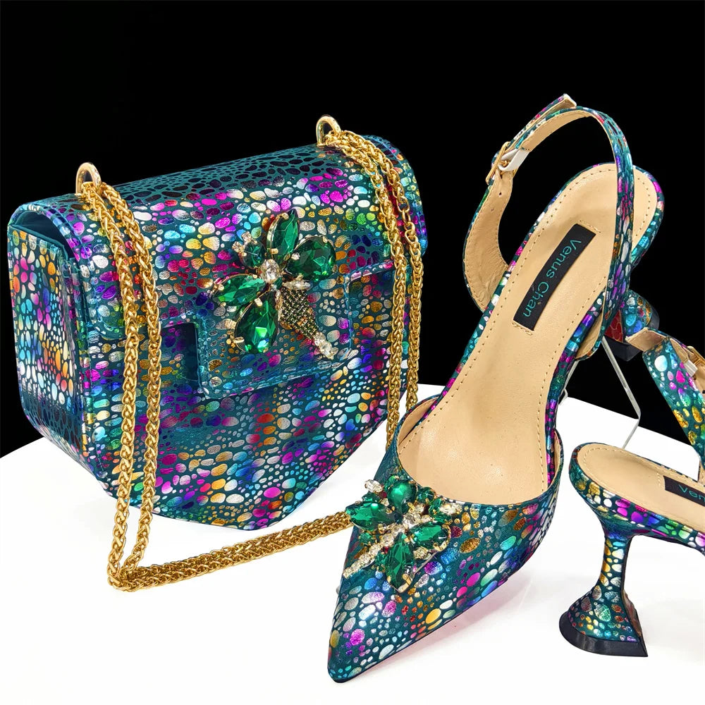 Doershow New Arrival African Wedding Shoes and Bag Set gold Color Italian Shoes with Matching Bags Nigerian lady party1-12