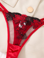Red satin rose embroidery lingerie set - Sophisticated vintage-style French net semi-cup bra set of two pieces ZA824127