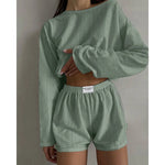 Womens Pointelle Knit Loungewear Set Casual Hollow Out Long Sleeve Crop Top and Shorts Two Piece Outfits Y2K Summer Homewear New