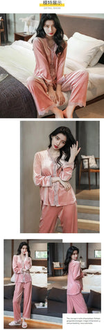 Pajamas gold velvet long sleeve lace cardigan set sexy home wear