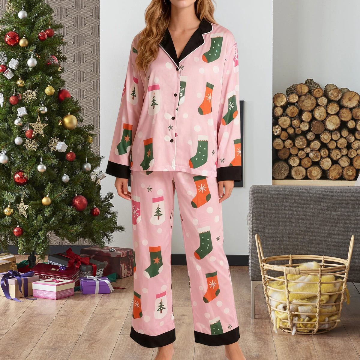 Women's Christmas Pajamas Set Long Sleeve V Neck Stocking Tree Print Tops and Pants Lounge Wear Two Pieces Suits