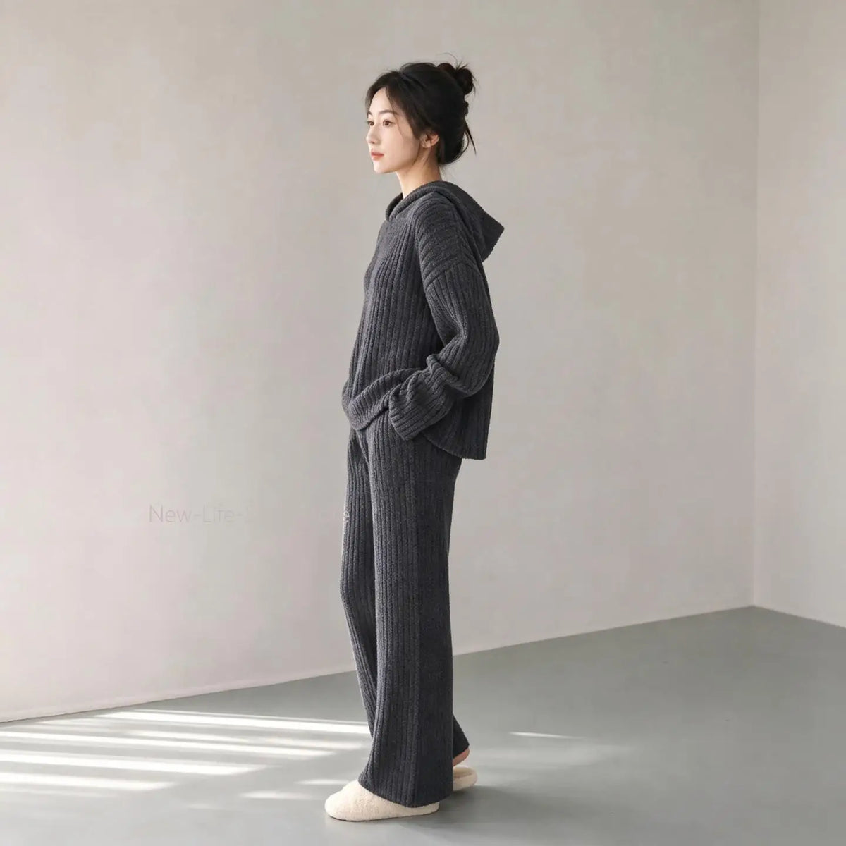 Soft Vertical Texture Loose Wearable Outside Autumn Winter Sleepwear Women Korean Lazy Style Hooded Half Velvet Pajama Set