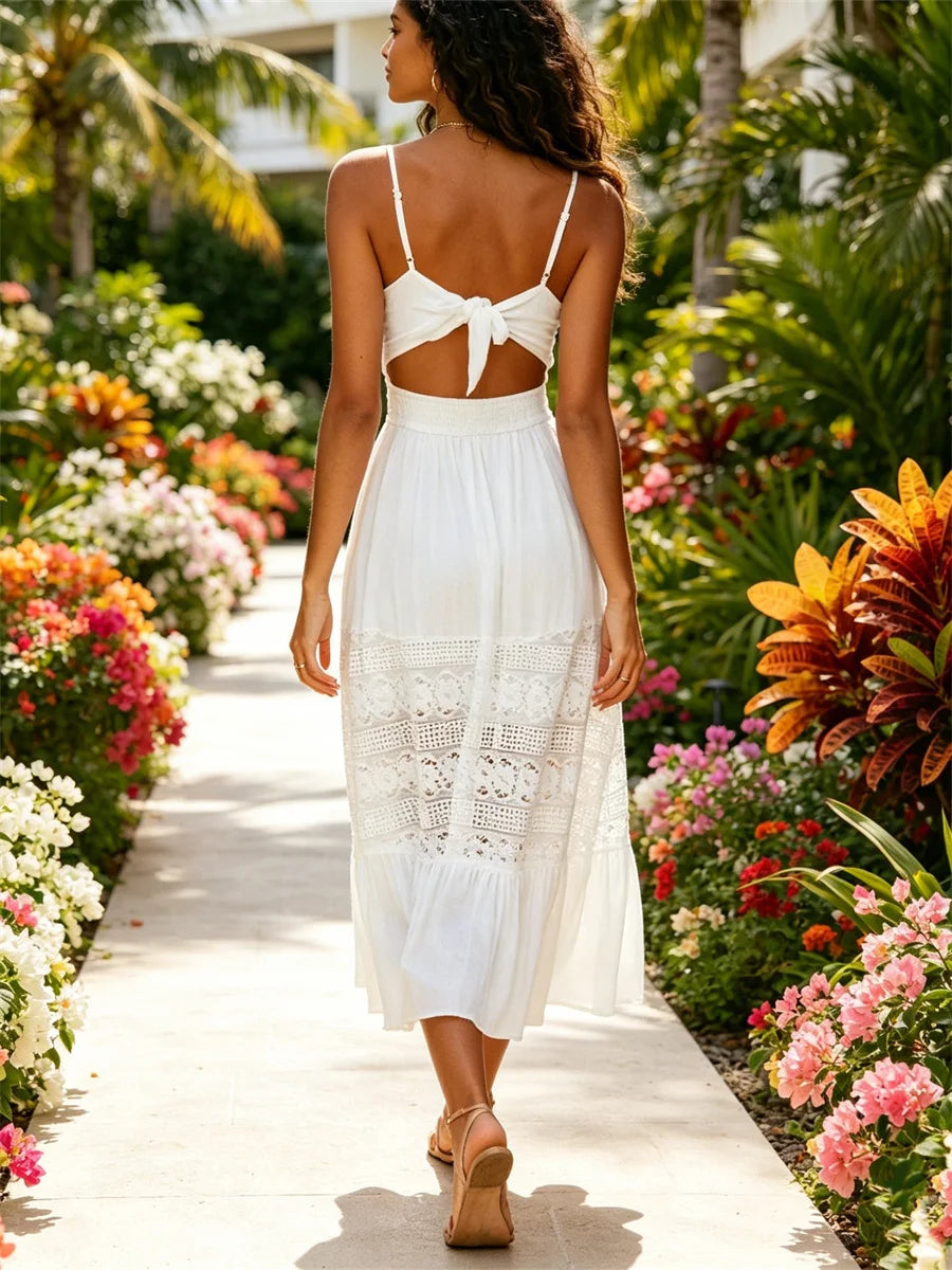 Women Lace Floral Long Dress Sleeveless Loose A-line Dress 2026 Summer Bohemian Casual Sexy Chic Dresses