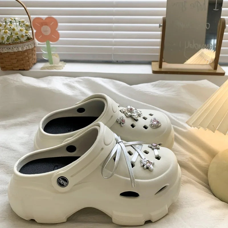 Cute DIY Bow knot Fashion Clogs For Women Indoor Street Slippers Thick Sole Female Summer Shoes Soft EVA Girls Beach Sandals