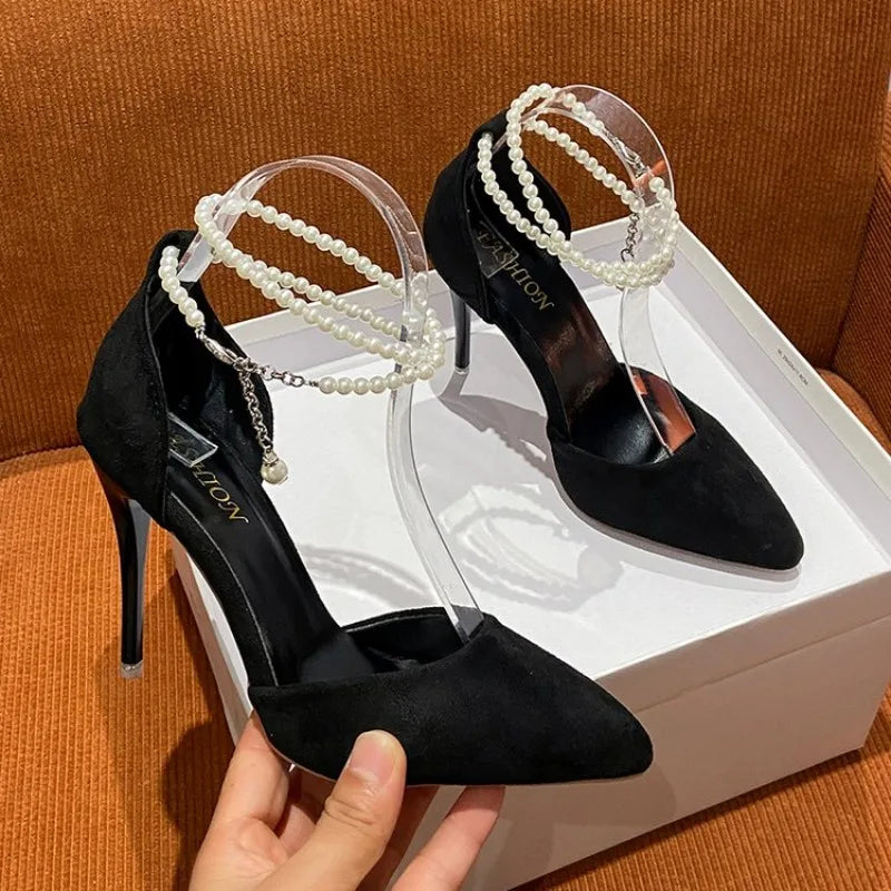 Pearl Baotou Heel Women's Shoes Spring Summer Ankle Strap Pointed Toe Pumps Sexy High Heels Female Shoes