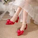 2026 New Pointed Toe Pearl French Heels Block Heel Bow Single Shoes Red Wedding Shoes