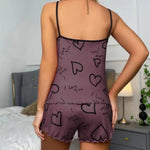 Summer Casual Pajamas Set for Women Sleepwear Red Heart Print Round Neck Ice Silk Top T-Shirt and Shorts Sets Loungewear
