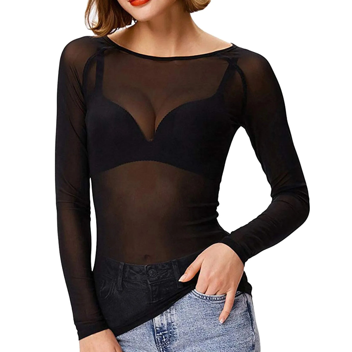 Sexy Women T Shirt See Through Mesh Black Long Sleeve Tees Sheer Slim Fit O Neck Tulle Crop Top Y2k T-Shirt Transparent Clubwear