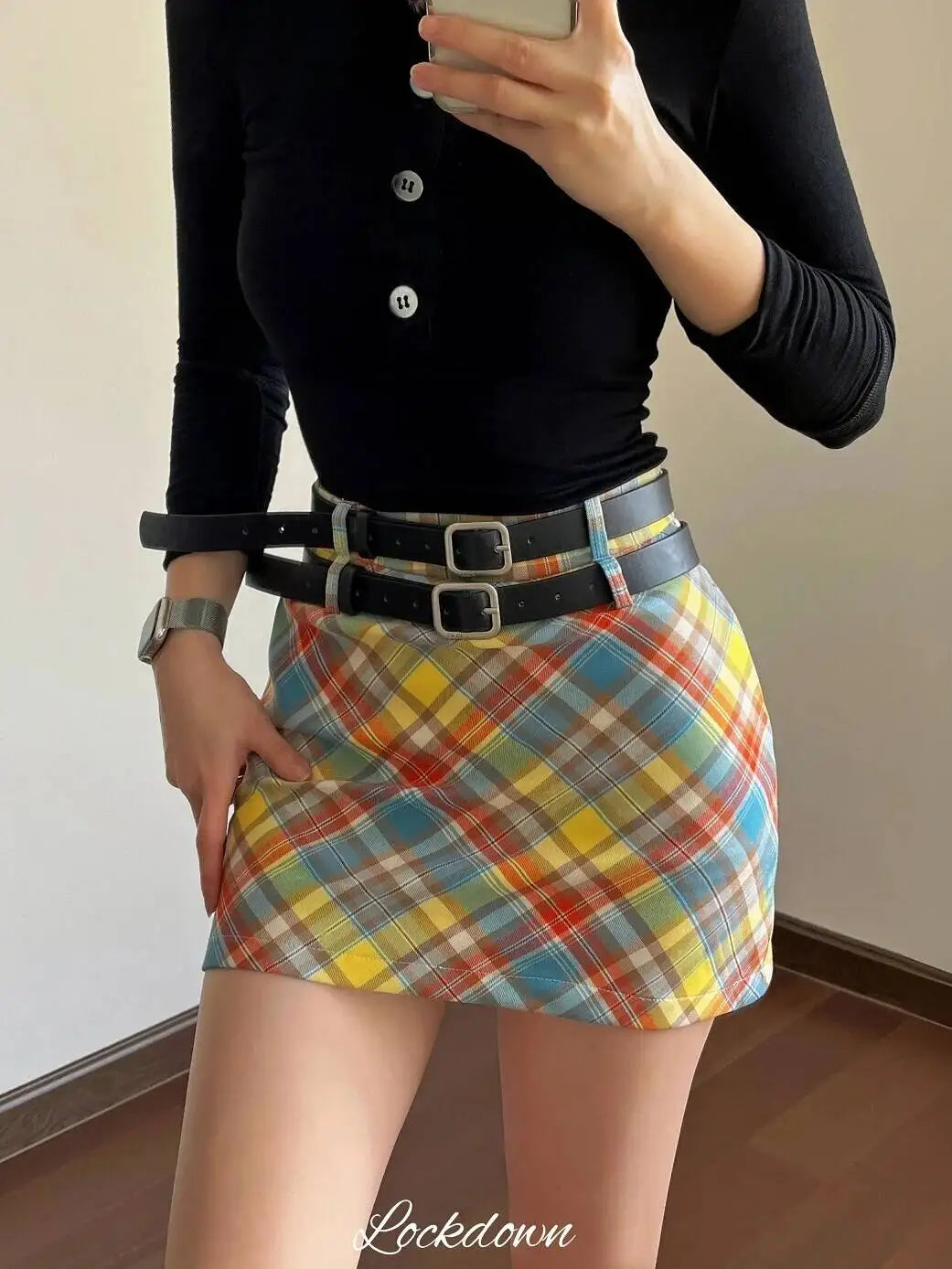 Plaid Double Waistband A-line Short SkirtWomen American Style Street High Waist Casual Collision Color Wrap Hip Skirt OJR7