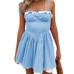 Summer Plaid Mini Cami Dress for Women Fashion Slim Ruffle Trim Tie-up Spaghetti Strap A-line Dresses for Daily Party