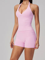 New Seamless Yoga Thread Set Women Hanging Neck V Neck Slim Sports Tank Top Hip Lifting Abdominal Tightening Shorts Fitness Suit