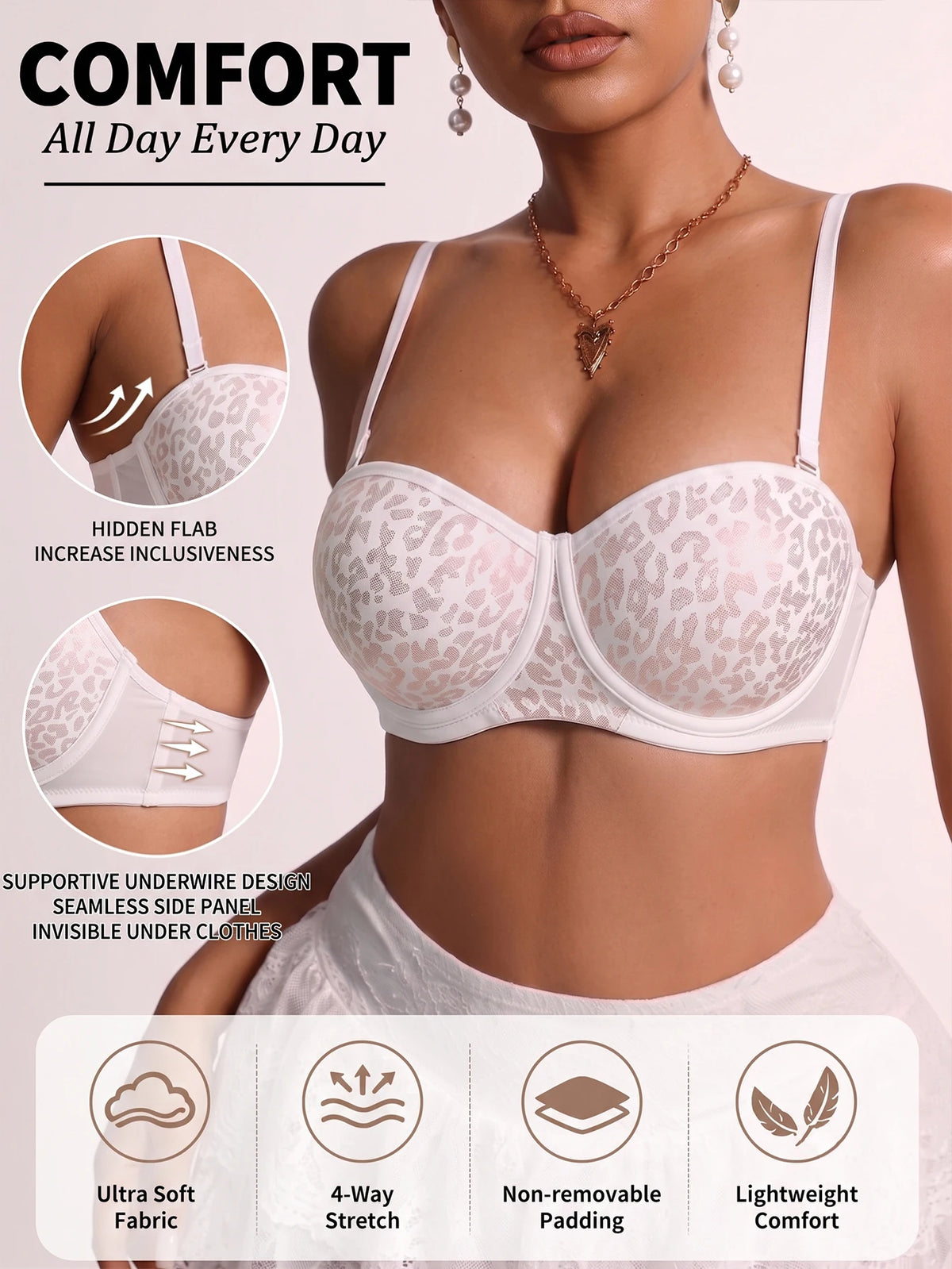 Trendy Leopard Print Women Bra Demi Cup Underwire Side Support Push-Up Brassiere Daily Thin Breathable Bra