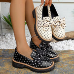Women Polka‑Dot Bow Platform Loafers Round‑Toe Slip‑On Lug‑Sole PU Leather Contrast Stitching Vintage Casual Daily Shoes