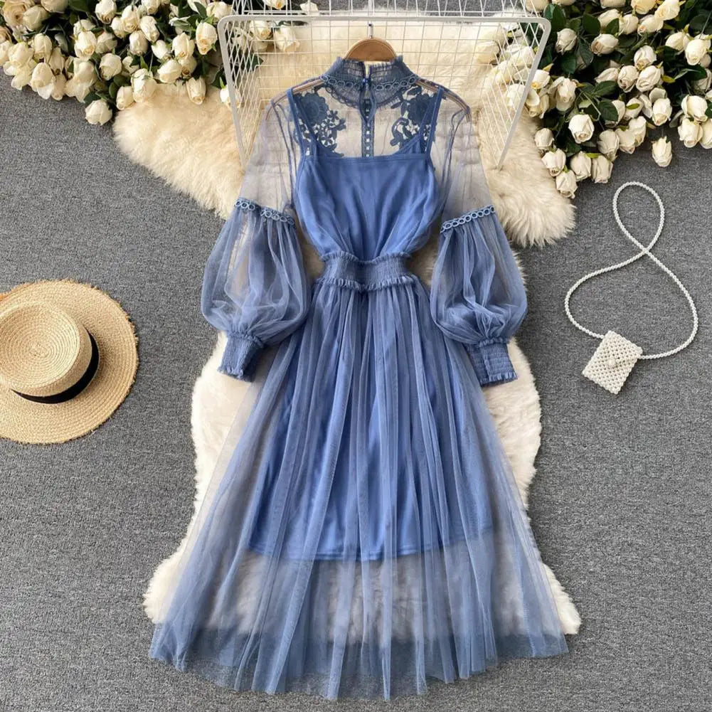 2 Pcs/Set Women Dress Suit Floral Embroidery See-through Lace Lantern Sleeves Pleated A-line Elastic Waist Dress Slip Dress Suit