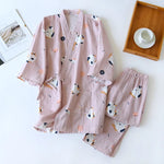 New Japanese-style Kimono Two-piece Couple Pajamas Cover Men and Women Pure Cotton Gauze Cute Kitten Thin Home Service Plus Size