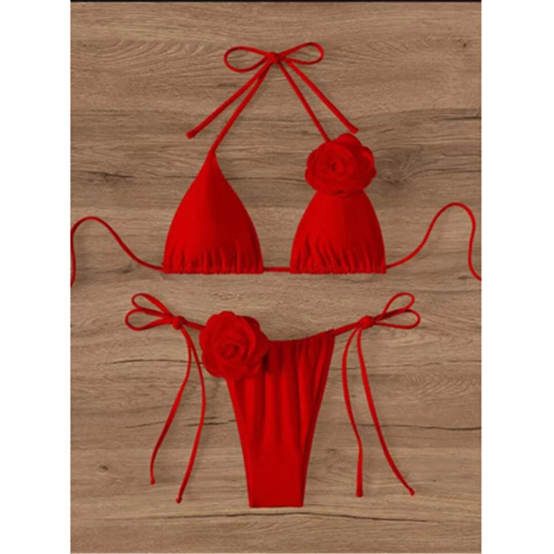 S - XL Sexy 3D Flowers Halter Strappy Bikini Women Swimwear Female Swimsuit Two-Pieces Bikini Set Bather Bathing Suit Swim V5297