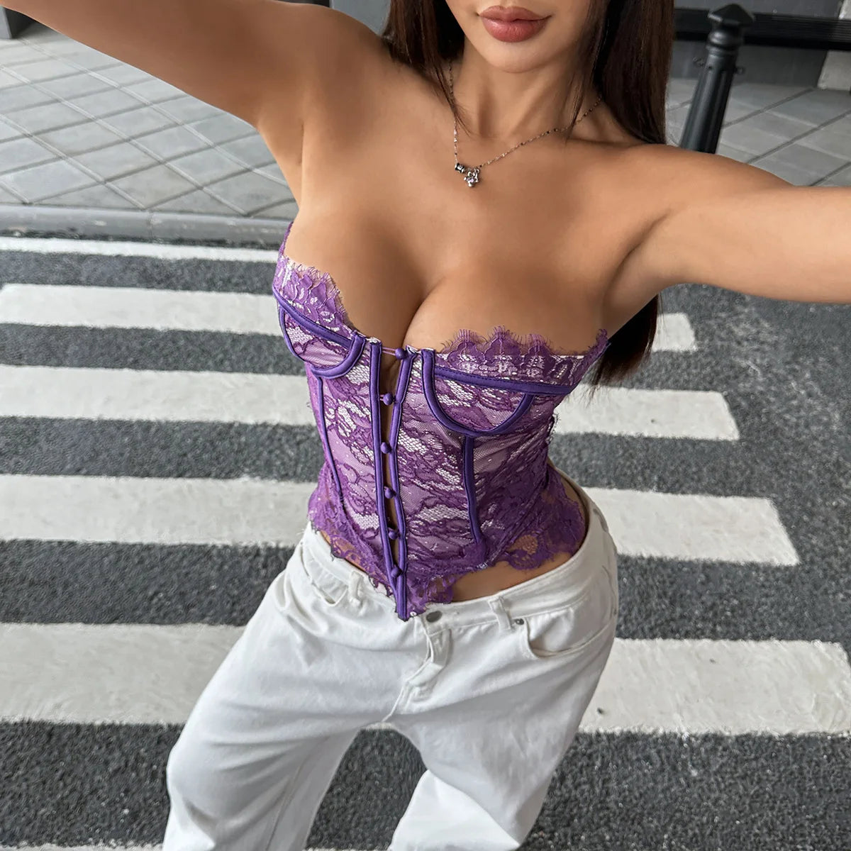 Y2K Street Tank Top Women Summer Lace Front Embroidery Floral Buttom Push Up Underwire Strapless Bandage Fishbone Vest