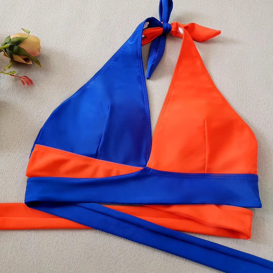 Solid Color Patchwork Bikini Set Adjustable Waist Belt 2 Piece Swimsuit for Women V-neck Halter Backless Beach Bathing Suit 2026