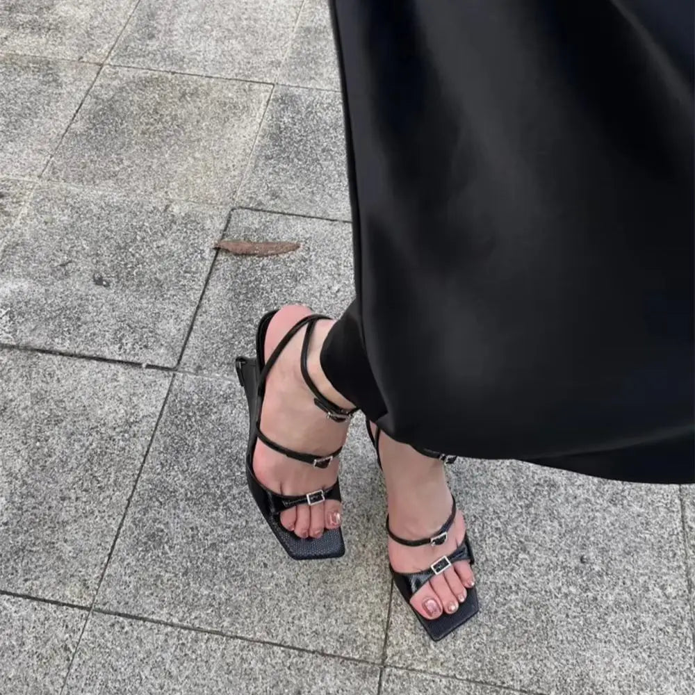 New Sexy Black Thin Buckle Straps Wedges Sandals Women Elegant Denim Blue Unique Curved Wedge High Heel Summer Party Heels Shoes