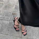 New Sexy Black Thin Buckle Straps Wedges Sandals Women Elegant Denim Blue Unique Curved Wedge High Heel Summer Party Heels Shoes