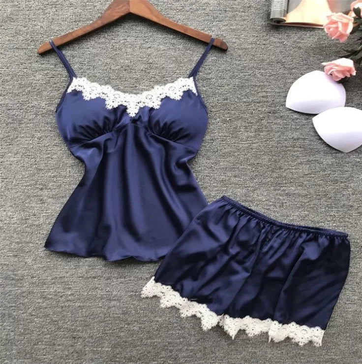 New European and American multi-color multi-size deep V waist lace suspender and lace shorts loungewear two-piece set