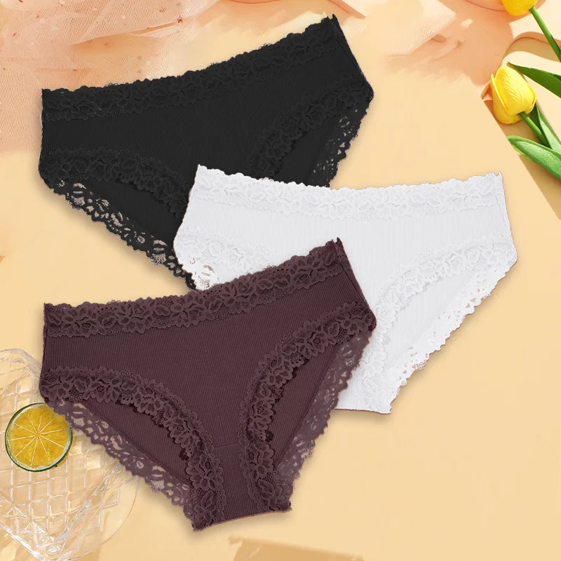3Pcs Sexy Cotton Lace Panty Women Low Waist Panties Underwear S-XL Solid Color Ladies Briefs Lingere Underware Comfortable Women