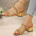 Luxury Gold Thick Heeled Sandals Women Summer Plus Size Square Toe Crystal Sandles Woman Fashion Slip On High Heel Party Shoes