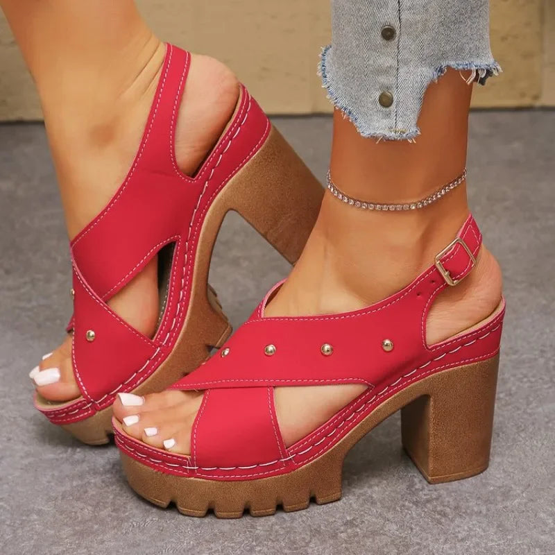 2026 New Plus Size High Heel Sandals Women's Block Heel Buckle Strap Casual FashionFish Mouth Shoes