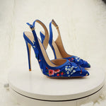 NoEnName_Null-Blue satin women's high heel sandals, dance, flowers, Silk patterned high-heeled shoes 12cmBanquet shoes