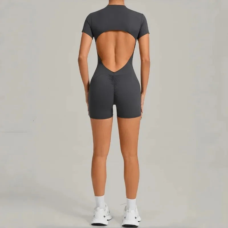 Women's Seamless Yoga Jumpsuits Sports Fitness Beauty Back Slim Fit Short-Sleeves One-Piece Workout Gym Training Bodysuits