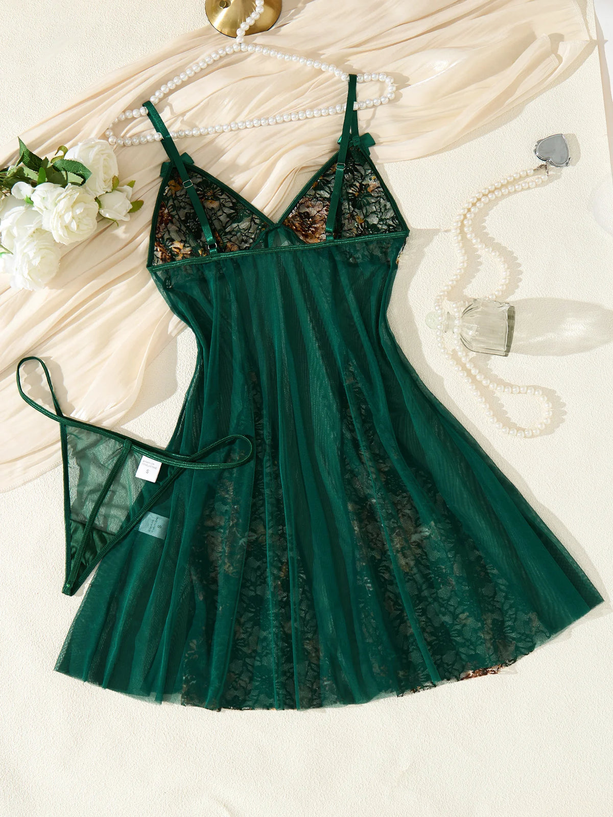 Atmospheric green floral embroidery nightgown set.Lightweight sheer bow-fronted halter-neck dress ladies,sexy lingerie ZA825071