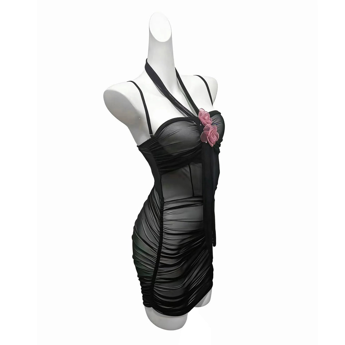 Sexy Transparent Dress Backless Deep V Suspenders Sleeveless Hanging Neck Flower Dress Mesh Pure Desire Casual Style Dress QFZO