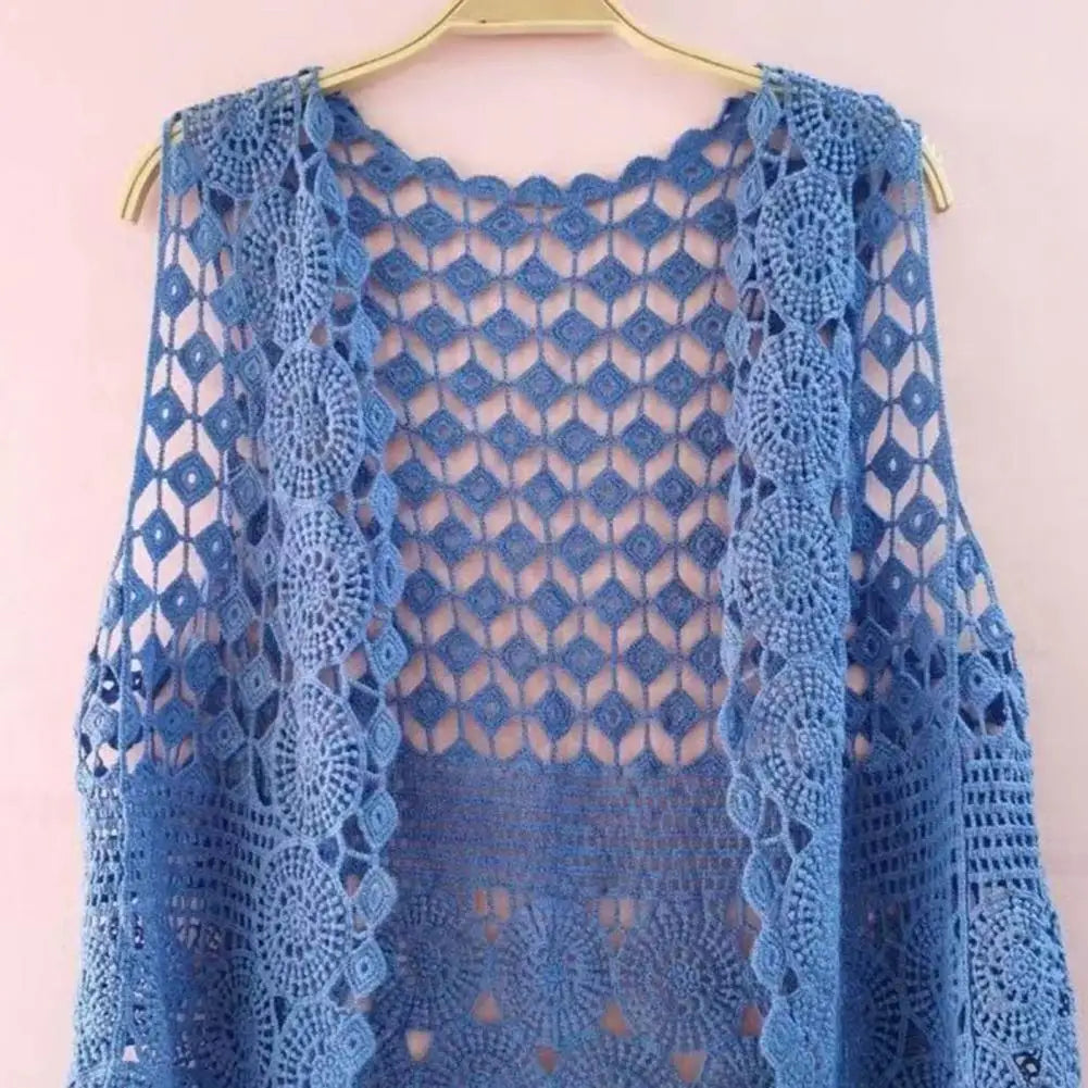 Women Summer Vest Hollow Out Retro Knitted Crochet Sleeveless Loose Open Stitch Thin Cardigan Daily Outwear Coat Top